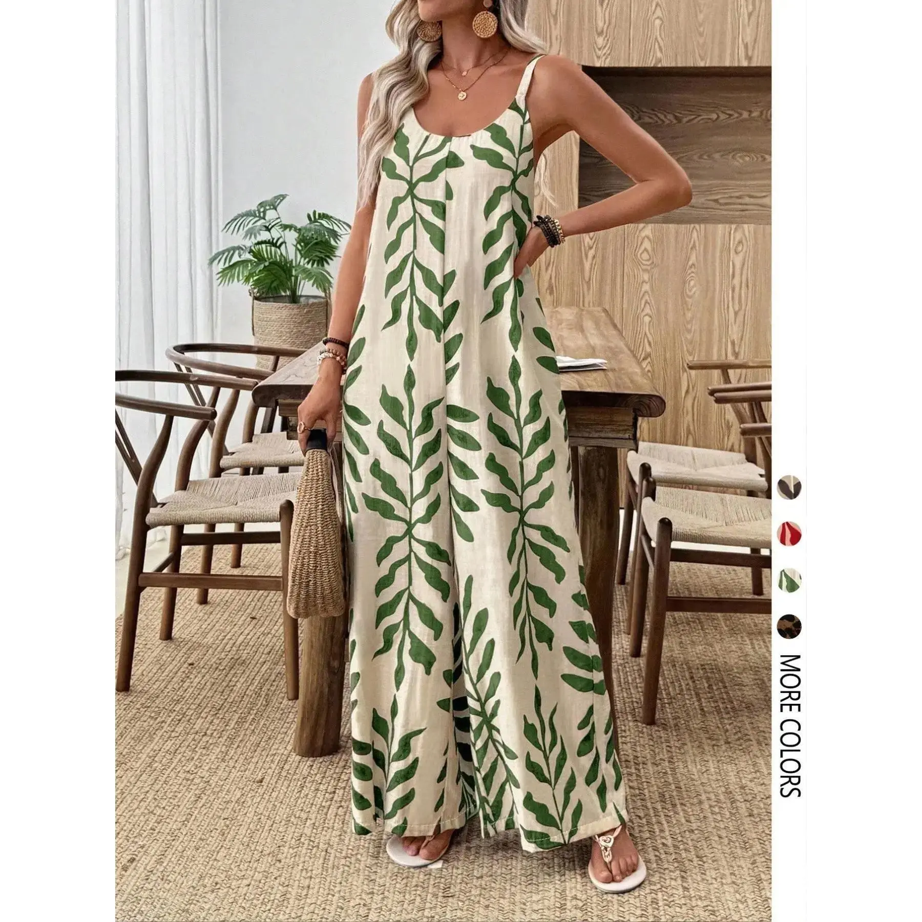 Women Bohemian Flowy Printed Sleeveless Loose Jumpsuit With Pockets Casual Summer Vacation Overall