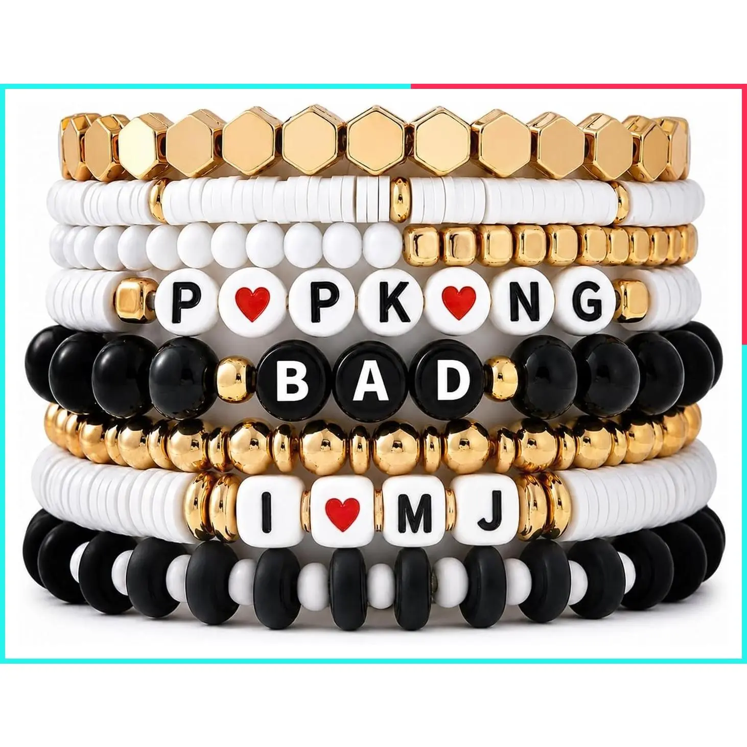 8PCS Black & White Polymer Clay Bracelets - Music Inspired Stackable Set, Unisex Monochrome Jewelry, Easy Mix-and-Match Collectible Accessories