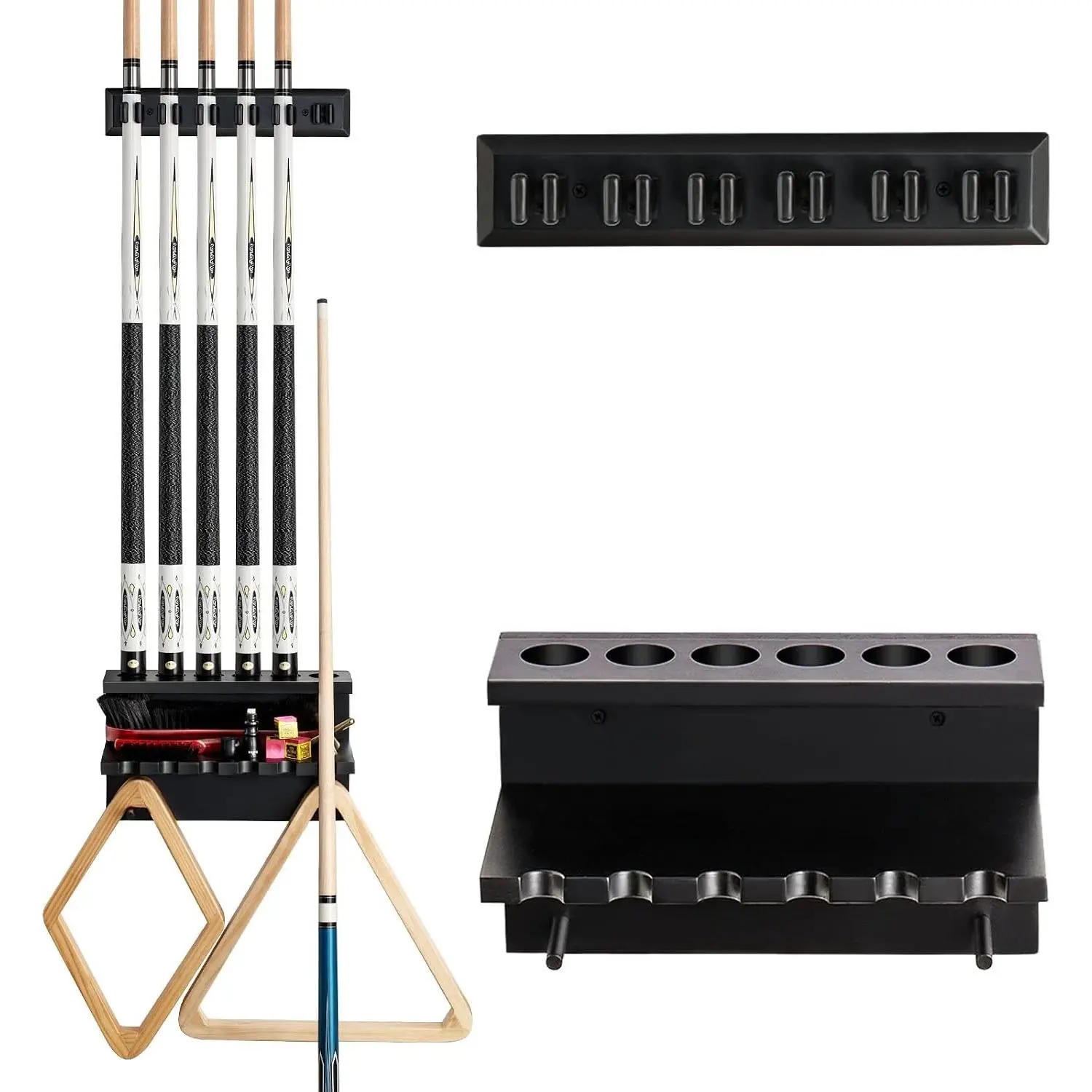 Wall Mount Pool Stick Holder - Billiards Pool Cue Hardwood Rack for 6 Cues Sticks Storage, Pool Table Accessories Equipment Organizer