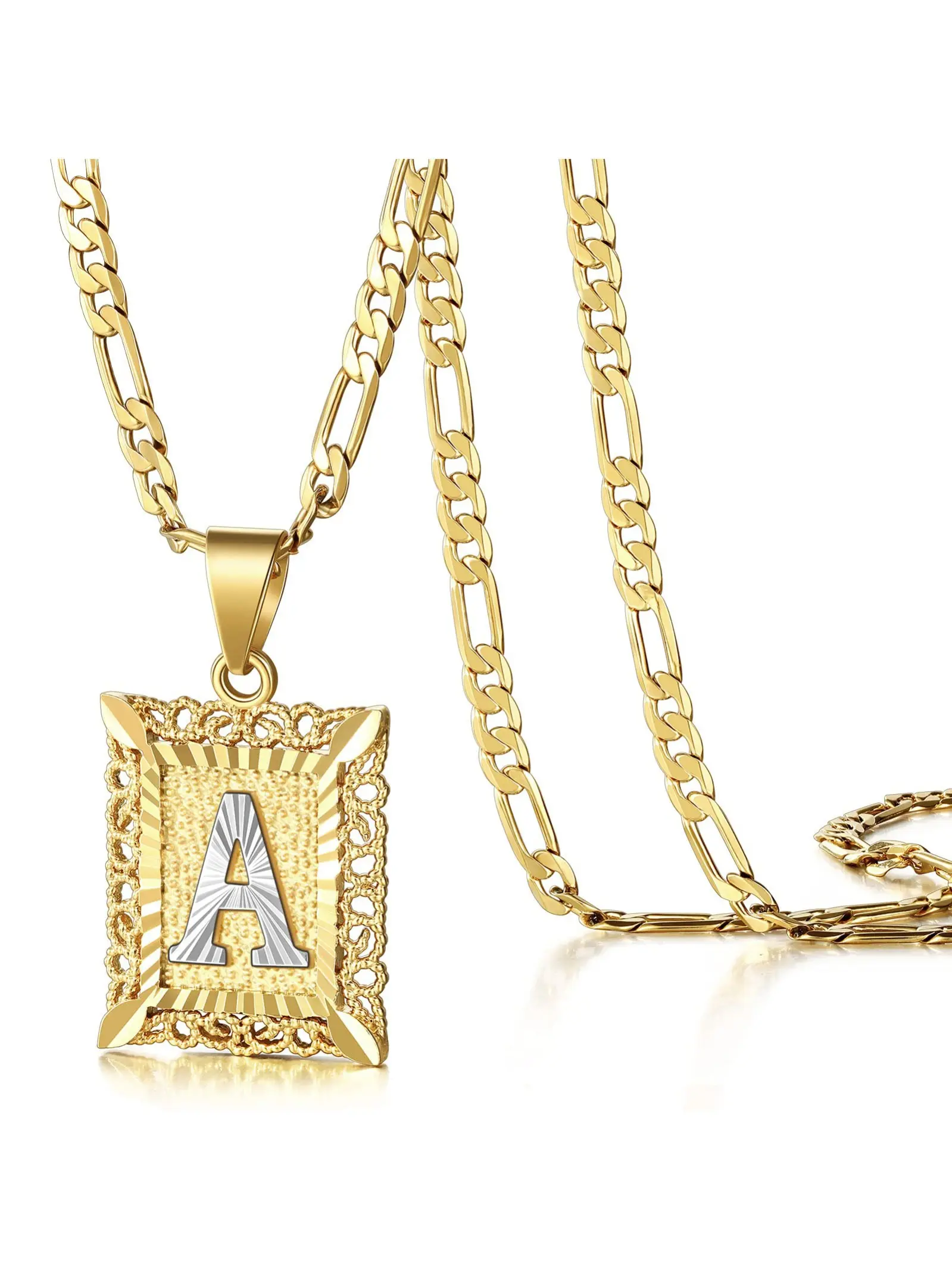 Ornate Lace Border Initial Necklace, Two-Tone & Silver Color, Laser Textured Alphabet Pendant, Unisex Street Fashion Jewelry