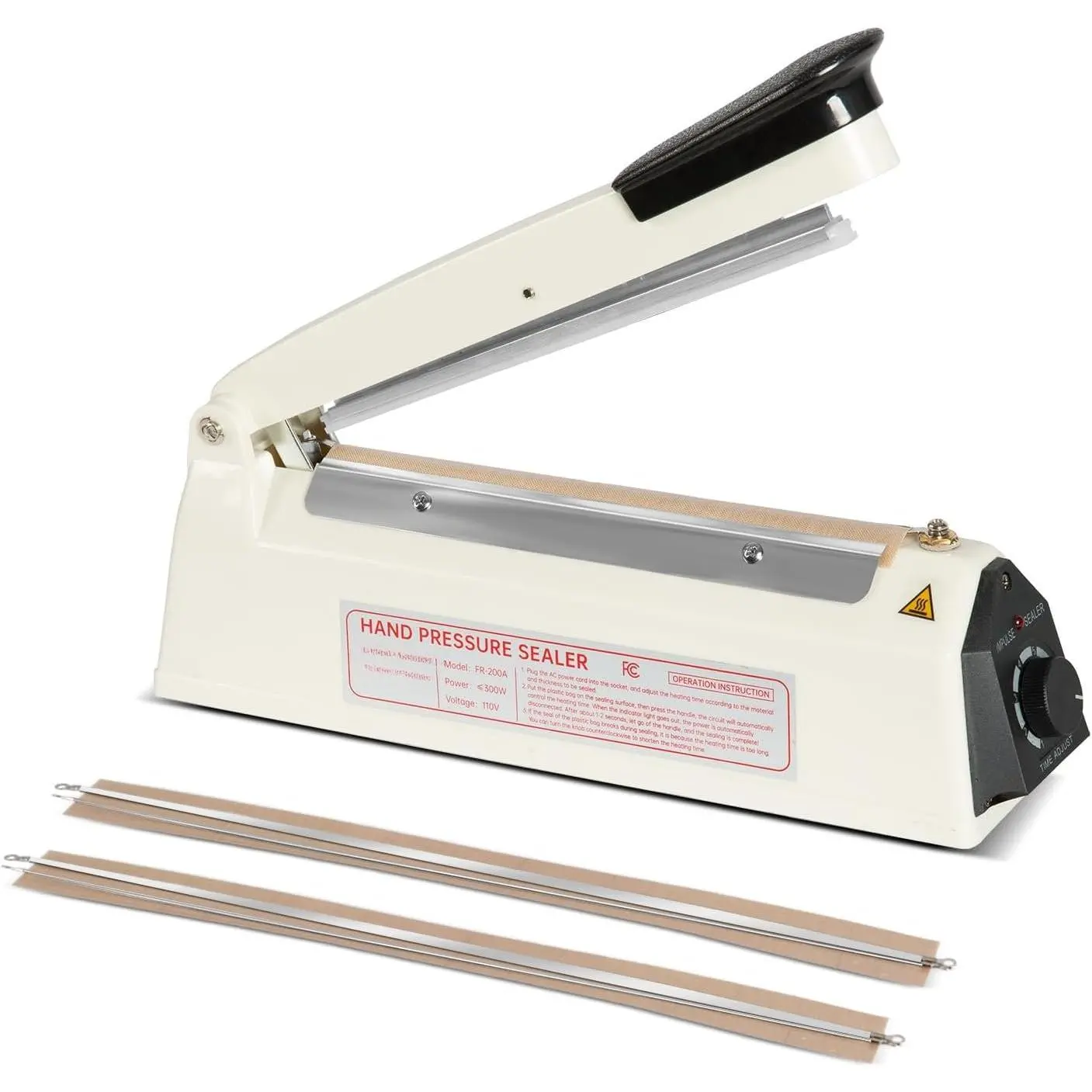 8 in Handheld Synthetic Impulse Heat Sealer with Seal Bar, Heavy-Duty Bag Sealing Machine for Home Users, 2 Extra Replacements (White)