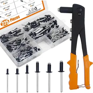 225pcs Black Aluminum Blind Rivets Assortment Kit with Heavy Duty Hand Riveter Rivet Gun Tool, 6 Sizes Pop Rivets with Divider & Labeled Case