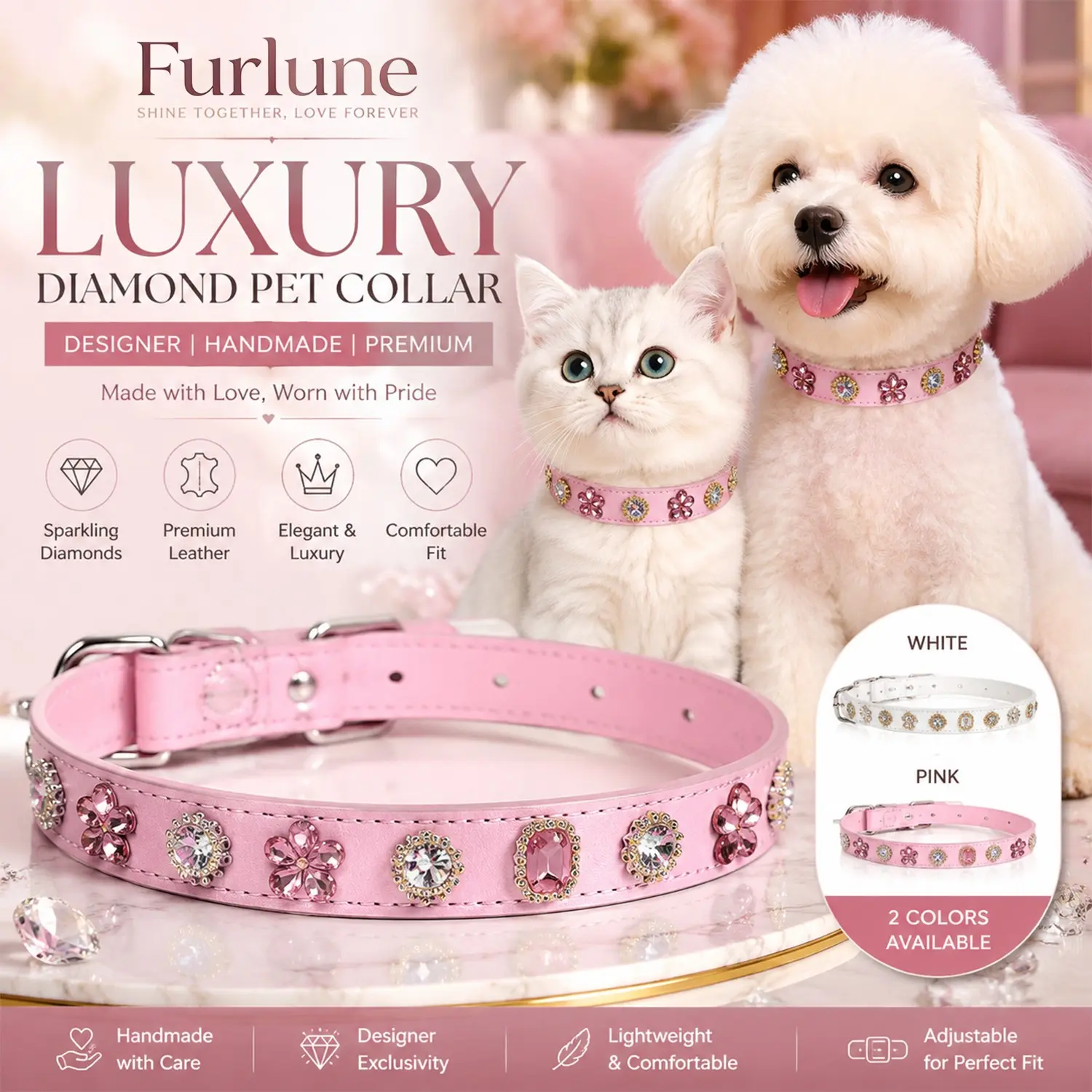 Luxury Rhinestone Leather Pet Collar for Medium Large Dogs & Cats, Soft PU Designer Collar with Hand-Set Flower & Rectangle Crystal Gems, Adjustable Neck Collar, Pink & White, Rust-Resistant Buckle, Daily Wear, Adjustable Collars, Pet Accessories