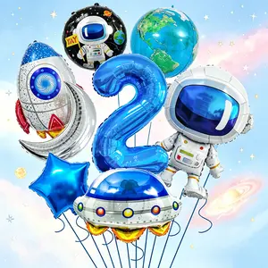 10-Piece Astronaut Space Theme Balloon Set, 32-Inch Blue Number Aluminum Foil Balloons, Party Decor, Educational Activities, Home Wall Decoration