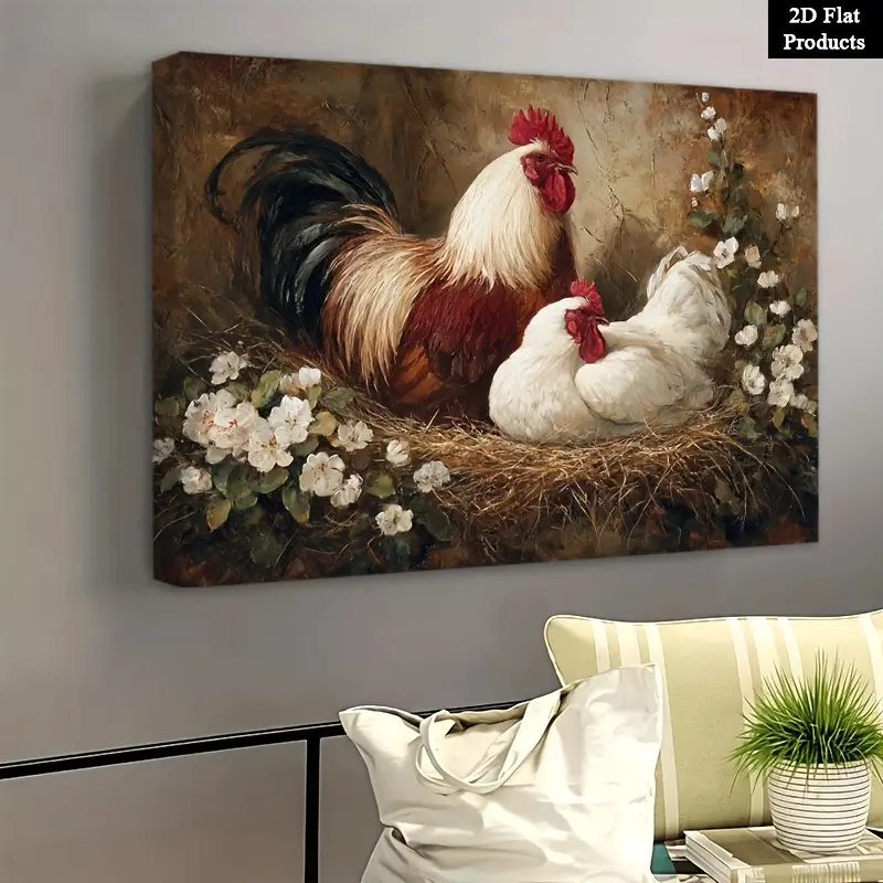 2D Flat, 1Pc Farmhouse Rooster and Hen Farm Life Oil Painting Poster - Country-style chicken-themed artwork, suitable for living room and bathroom decoration, Mother's Day and Easter gift, framed canvas painting, farmhouse-style accent in spring home deco