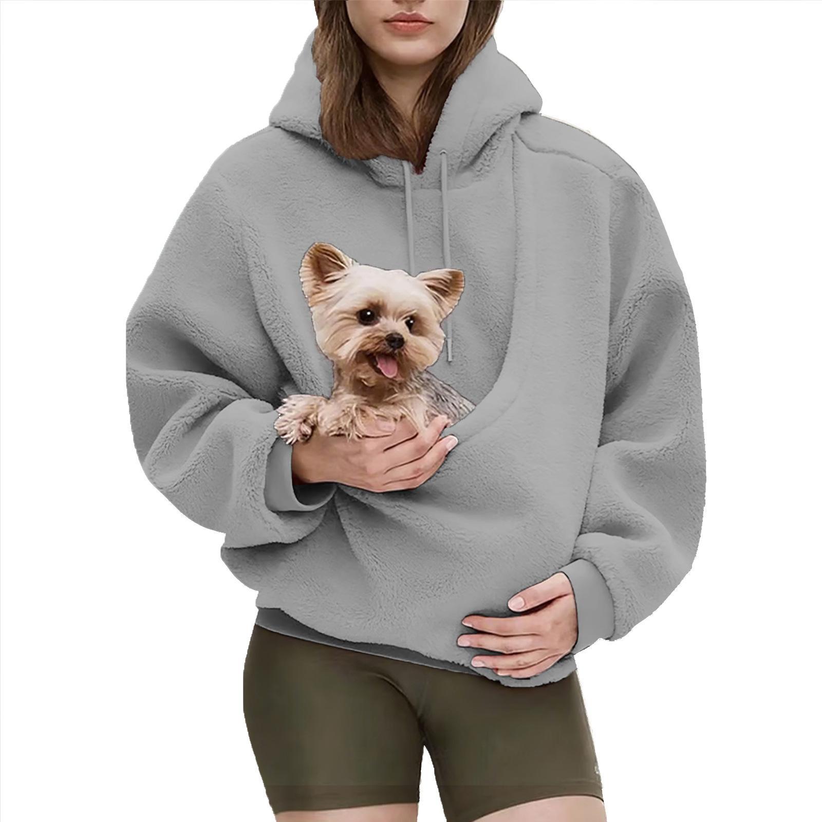 Autumn and Winter Solid Color Hooded Plush Pet Pocket Loose Pullover Sweatshirt for Women Fashionable Warm Cold Resistant Polyester,Gift