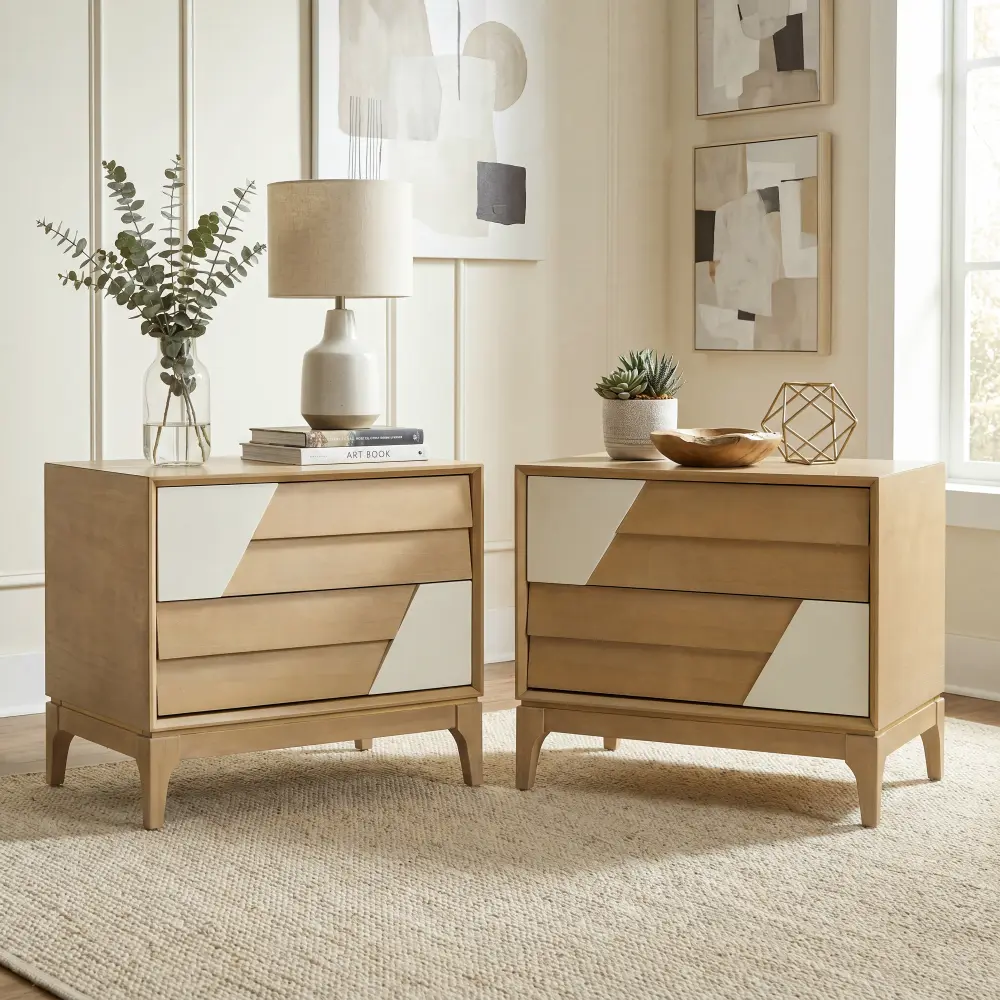 Modern 2 Drawer Nightstand with Geometric Two Tone Design, Japandi Style Bedside Table with Angled Patchwork Front, Natural Wood & Cream White Accent End Table, Mid Century Storage Cabinet with Solid Tapered Legs for Bedroom, Living Room, Apartment & Home