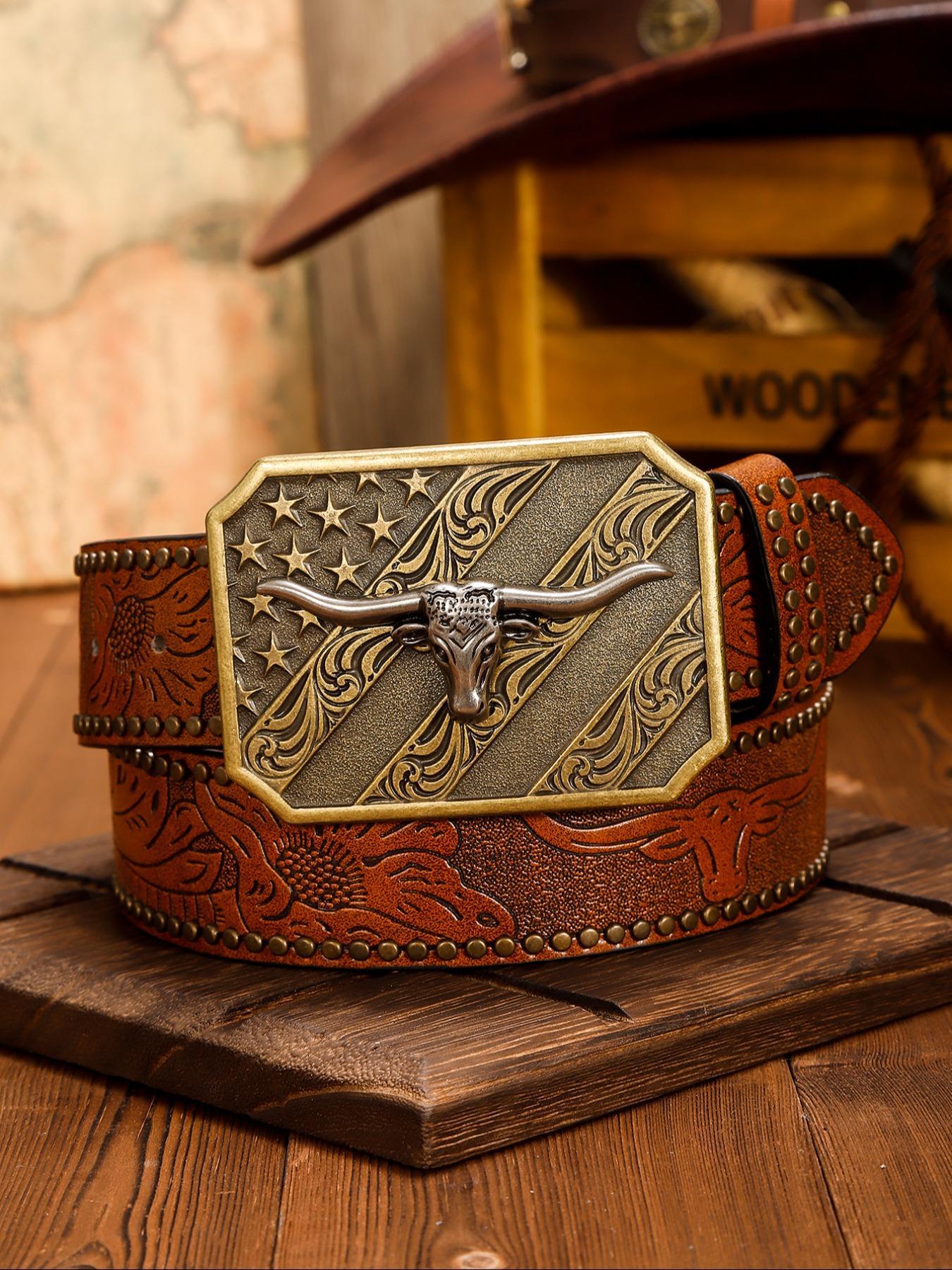 Men's Vintage Western Belt, Retro Style Flower Embossed Buckles Pu Leather Belt, Fashion Accessories for Daily Wear