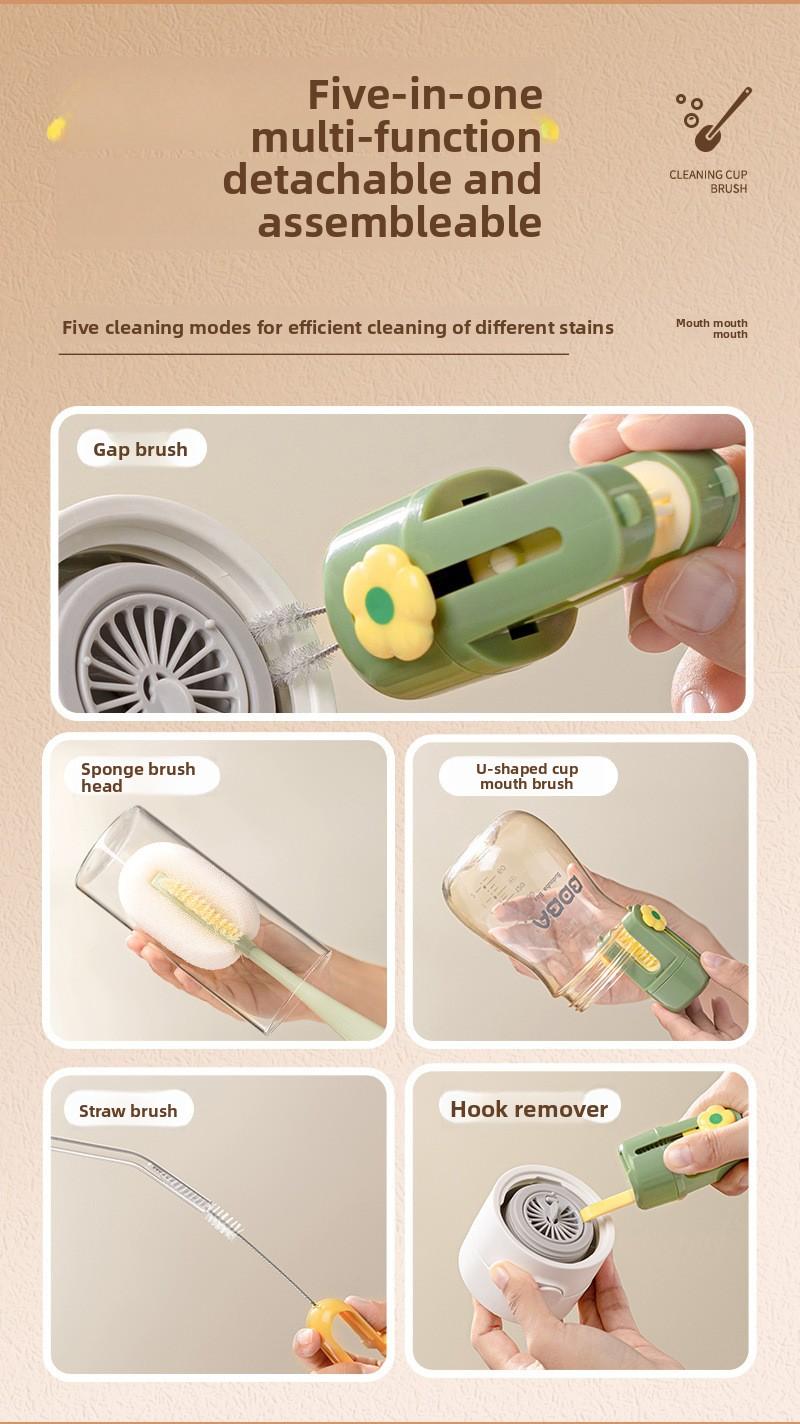 Long-handled multi-functional 5-in-1 cup brush, a handy tool for cleaning water cups, specially designed for cleaning thermos cup lids and baby bottles