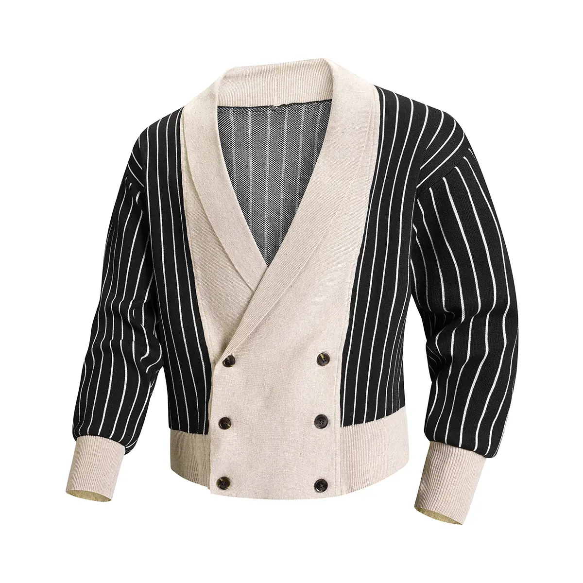 Men's color blocked vertical stripe double breasted knitted cardigan, V-neck contrasting patchwork long sleeved sweater jacket, soft and loose suitable for daily street wear, spring and autumn fashion, business office cabin, weekend retro warm knitted top