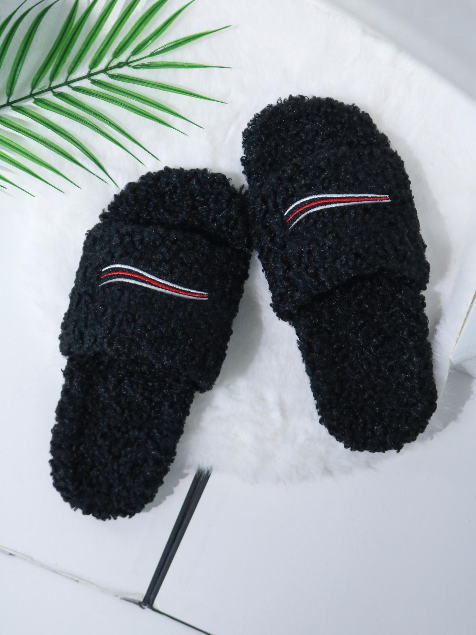 2026 Spring New Collection: Fur Slippers for Women, Outdoor Wear, Letter Embroidery, Thick Sole, Lamb Wool, Autumn/Winter, Flat Design, Slip-On Shoes.