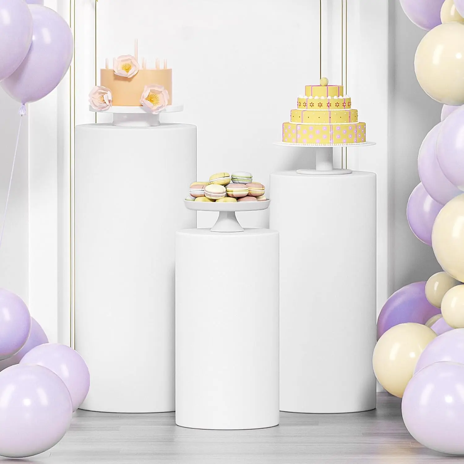 3Pcs Cylinder Pedestal Stand Covers, White Spandex Stretch Fit | Round Display Pedestal Covers, Elastic Cloth Plinth Pillar, for Parties Wedding Birthday Event Decor Props, Covers only