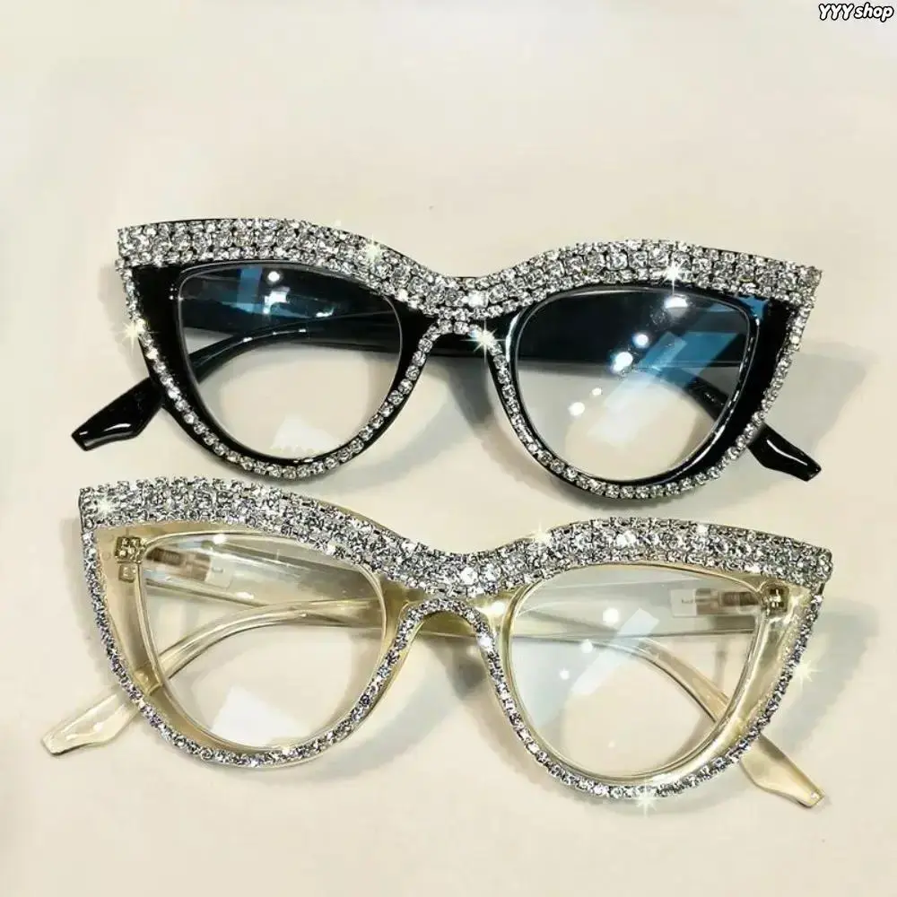 2Pcs Women’s Cat Eye Rhinestone Anti-Blue Light Glasses, Elegant Full Frame Eyewear With Sparkling Crystal Decor, Black & Translucent Frames, Polycarbonate Lenses Block Screen Blue Light For Daily Decor & Eye Protection