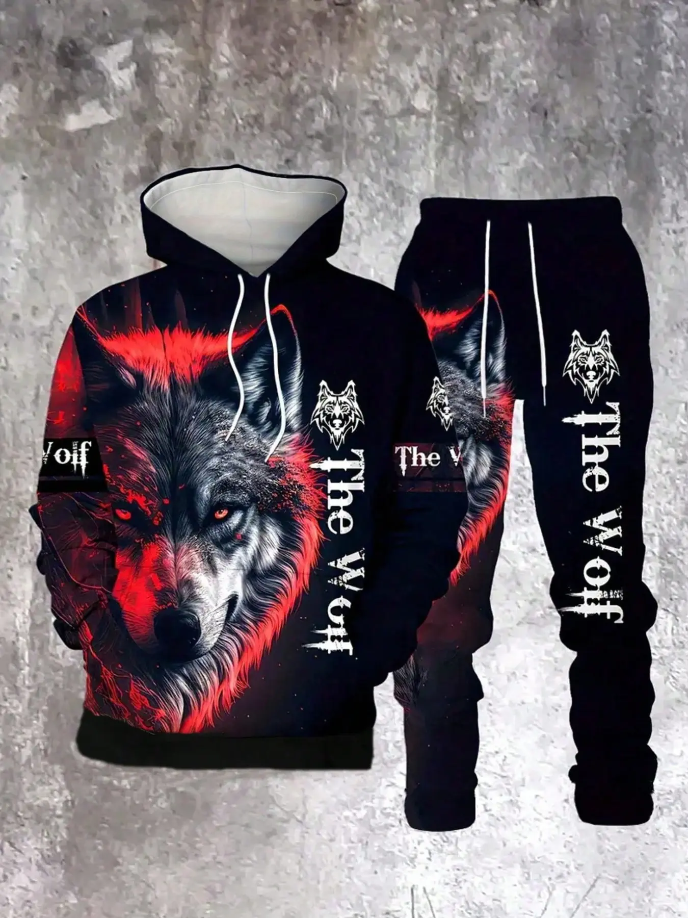 Men's the Wolf Letter Print Hoodie and Sweatpants Set, Long Sleeve Slim-Fit, All Seasons Fashion, Casual Wear, Two-Piece