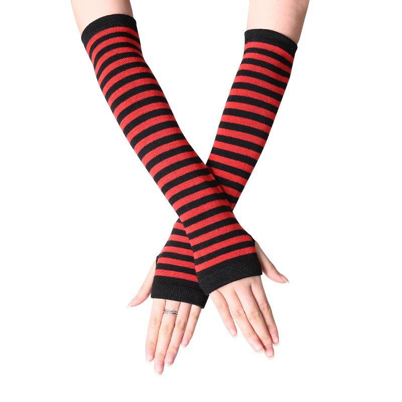 Women's Gothic Punk Striped Half-Finger Gloves, Knit Arm Warmers with Thumb Hole, Elastic Wrist and Arm Warmth, Fashionable Striped Design