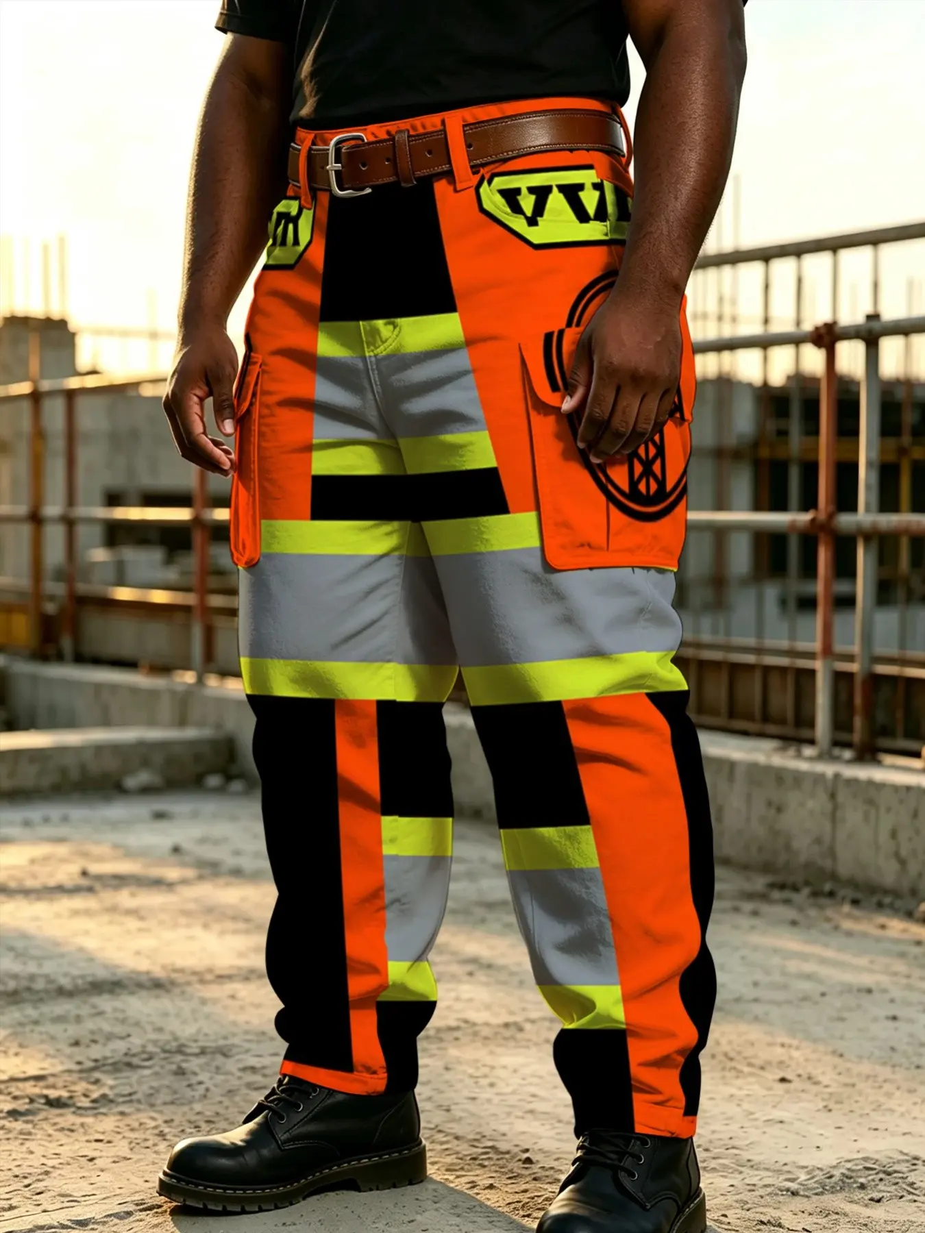 Plus-size men's construction site safety warning stripe color-block printed work pants with orange-yellow reflective strips, construction pattern, multi-pocket stylish straight-leg work casual pants