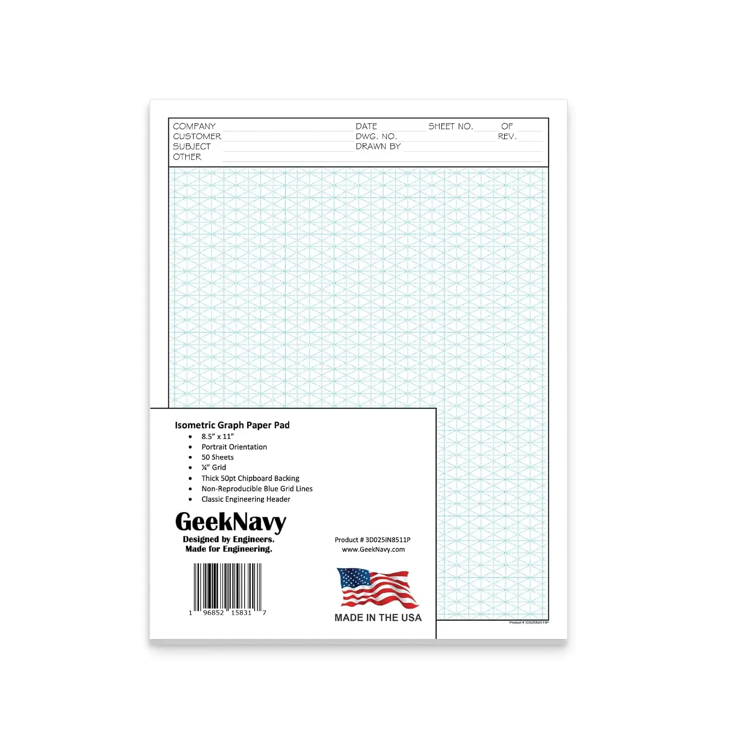 8.5" x 11" Isometric Graph Paper 50 Sheets Portrait - 0.25" Grid, Non-photo Blue, High Brightness, Drafting, Engineering, Art, 3D Design (1-Pack)