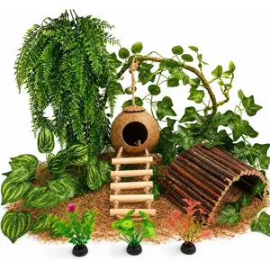 Crested Gecko  Accessories,Reptile Vines  with Coconut Shell Ladder Hideout Hermit Crab Decor for Leopard Gecko Lizard Chameleon Tortoise Snake Terrarium Decor