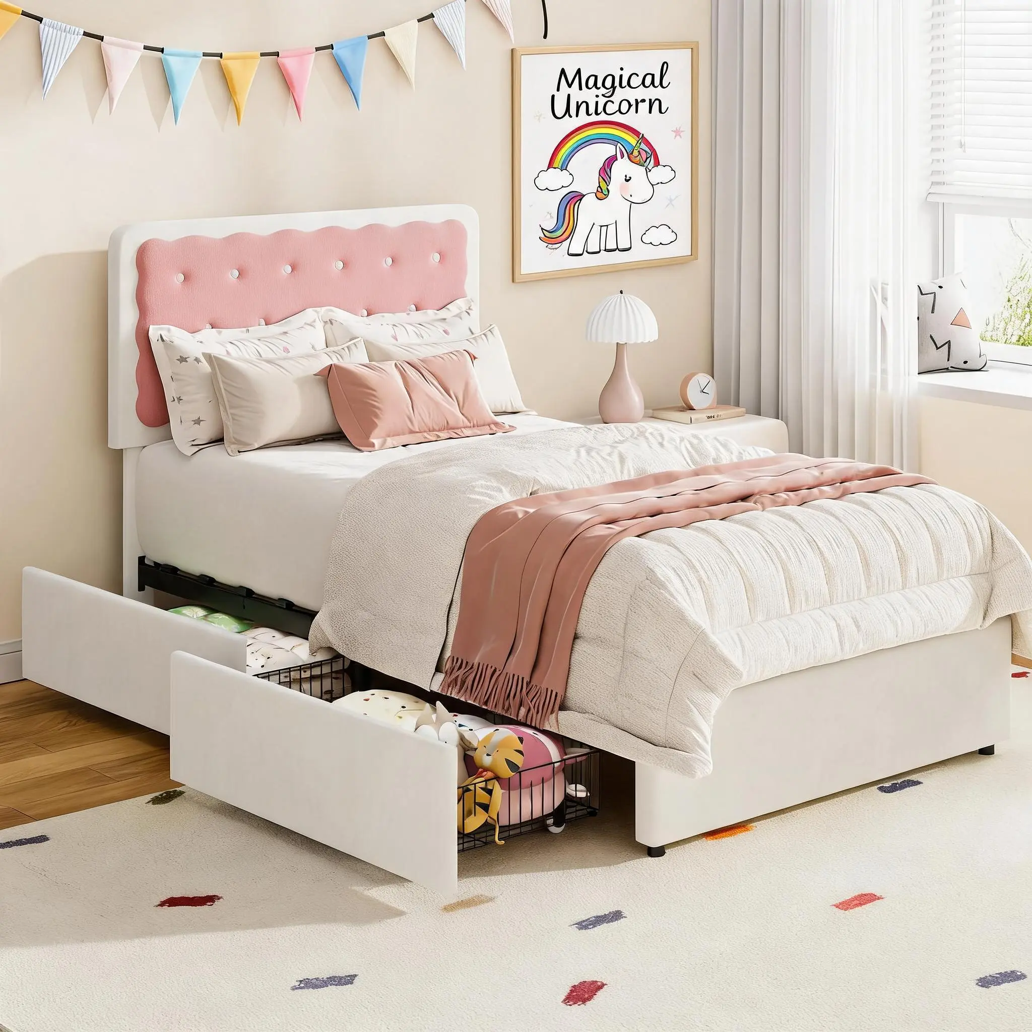 Twin/Full Pink Velvet Upholstered Bed with Adjustable Headboard, 2 Drawers & Cookie Design, No Box Spring