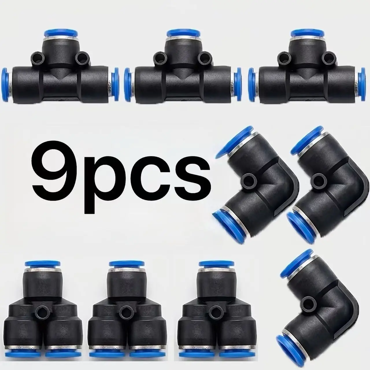 9Pcs Push-to-Connect Pneumatic Quick Fitting Set, Quick Couplers, all for 4mm, 10mm OD air tubing, including 3pcs L elbow+3pcs T tee+3pcs Y-shape splitter connectors, made of high-strength wear-resistant PA plastic with tight sealing blue snap ring