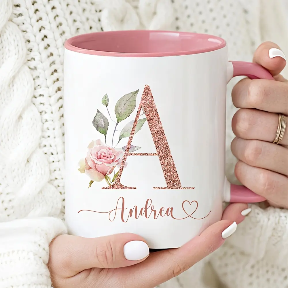 1 11oz floral alphabet ceramic coffee mug, bridesmaid gift with pink interior, 330ml large capacity women's cup, suitable for home, office, bedroom, perfect for weddings, holidays, parties, daily life, and travel