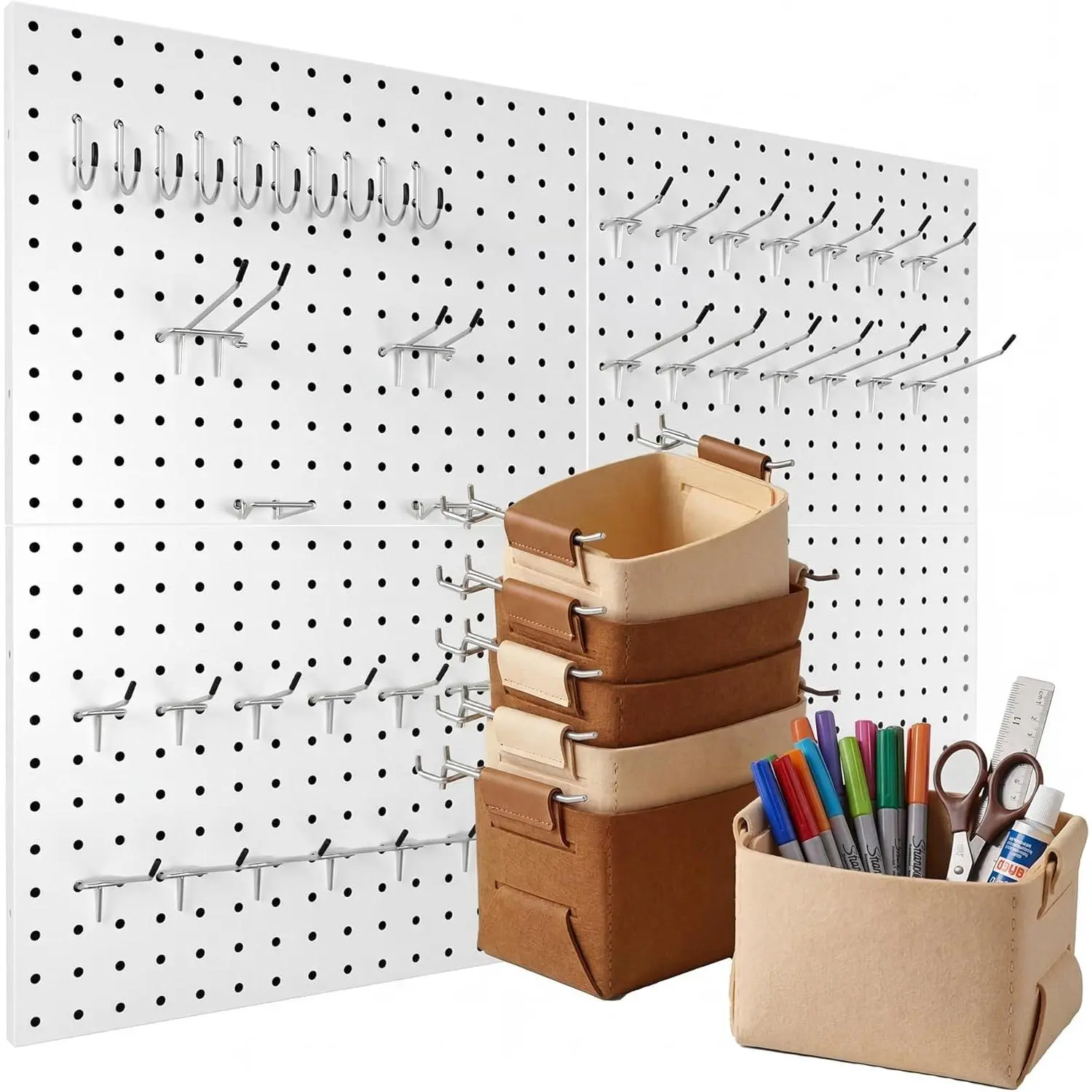 Peg Board, 4 Pack Metal PegBoard Organizer with Accessories, White Pegboard Panels with 50 Pcs Hooks and Baskets, Wall Organizer for Office, Craft Room Organization, Garage, Sewing Room