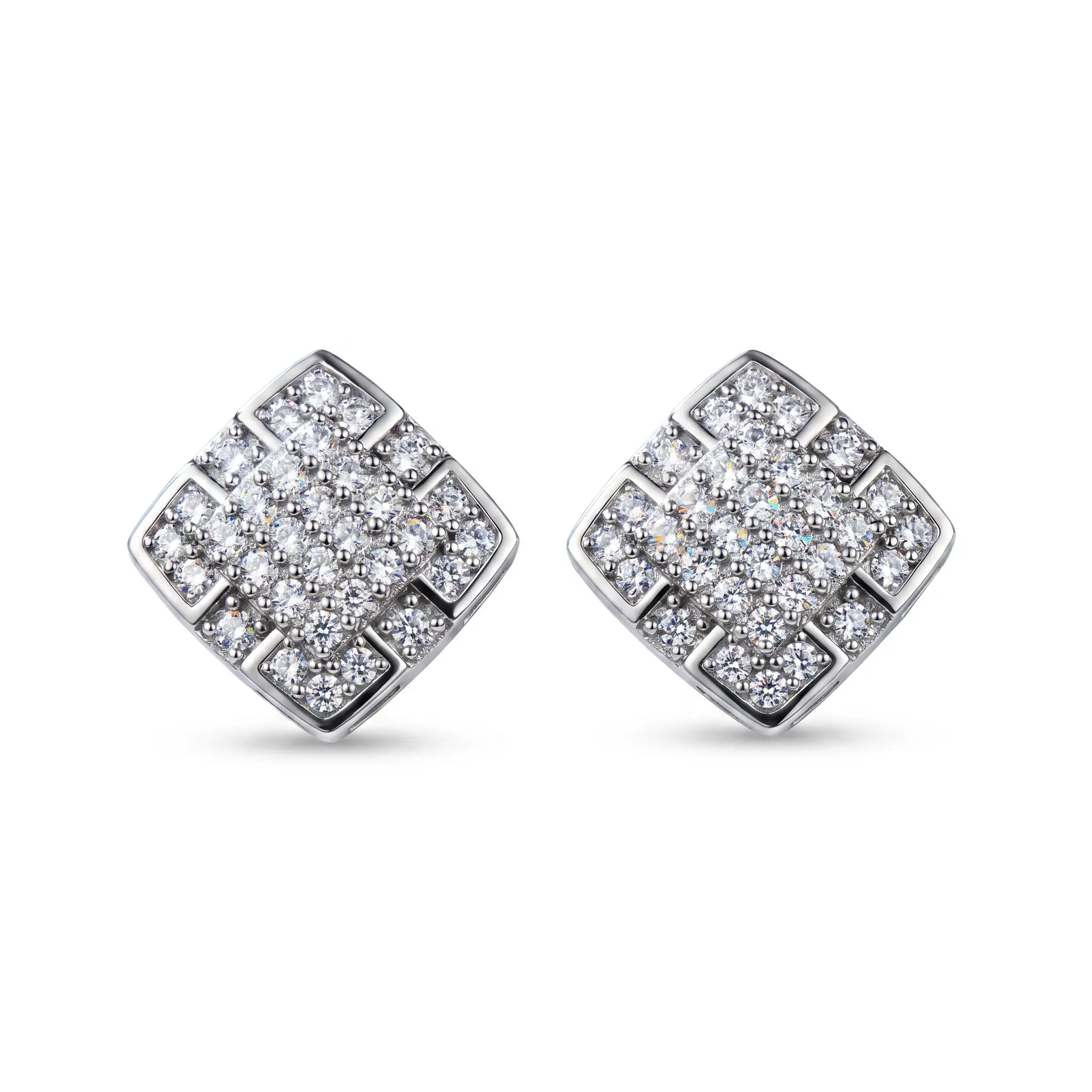 Silver Geometric Square CZ Stud Earrings, Sparkling Micro Pave Diamond Simulant, Trendy Bling Costume Fashion Ear Jewelry