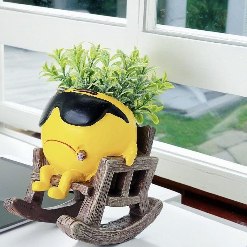 Vase aus Kunstharz im Cartoon-Design, süße Stuhl-Design-Vase mit Abflussloch, dekorativer Blumentopf für den Schreibtisch im Home Office, Wohndekor, Ornamente_voghion.com