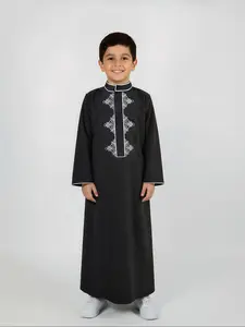 Muslim Traditional Boy Robe, Silver Color Embroidered Stand Collar, Long Sleeve Side Pockets, Durable Ramadan Celebration Clothing
