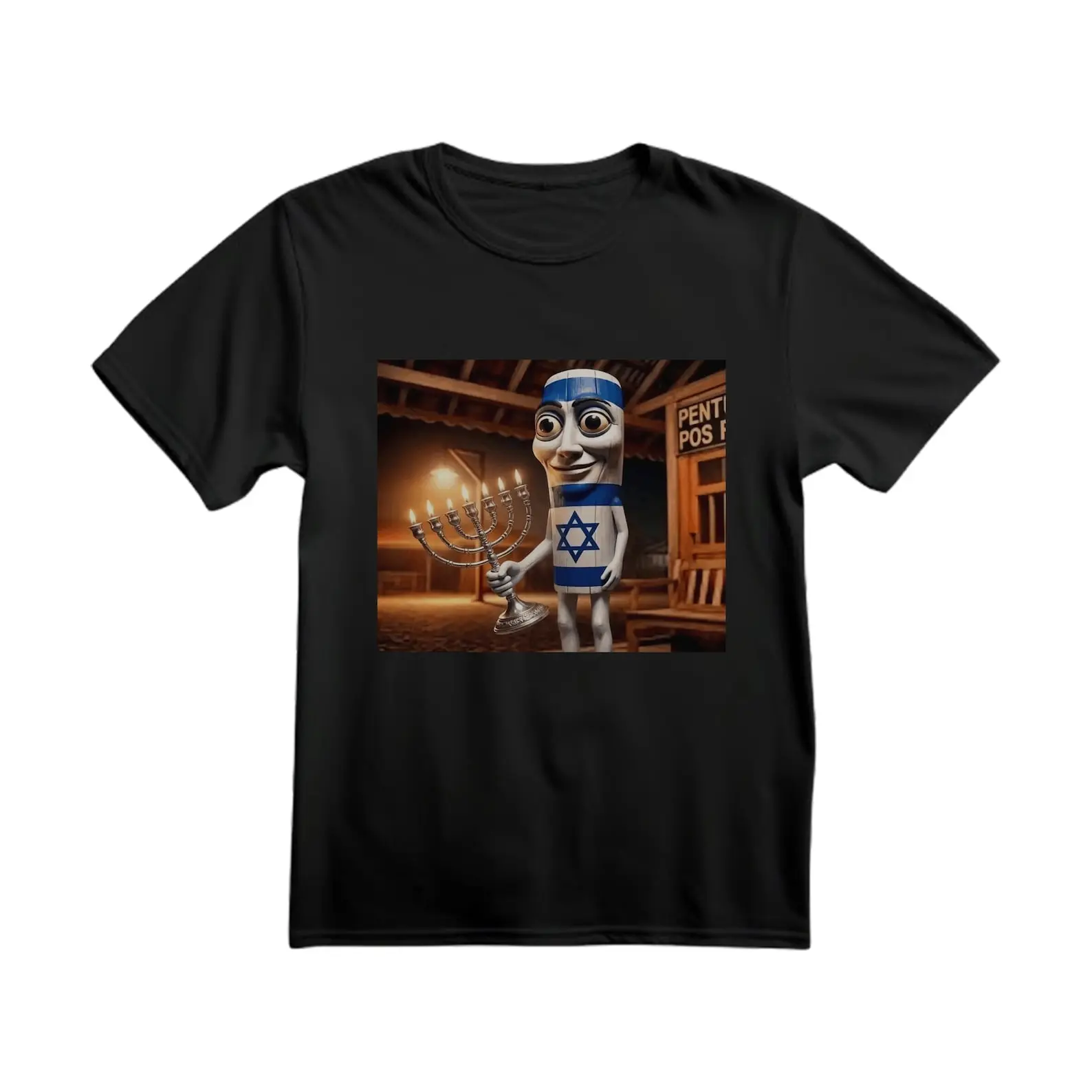 Tung Tung Tung Sahur Jewish Menorah Viral Meme Graphic T-Shirt, Funny Surreal Hanukkah Israel Flag Character Dank Internet Humor Casual Tee, 100% Cotton 180g Unisex Trending Holiday Top S-3XL