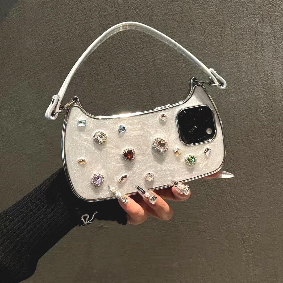 [Free !ship] ( Hand Lanyard ) Glitter Bling Diamond & Heart Sparkle Case for iPhone 17 Pro Max 16 15 14 13 Pro Max for Women Girls Crystal Wristband Bracelet Shockproof Cute Pretty Love Luxurious 3D Rhinestone Decorate Silicone Soft Shell Back Cover