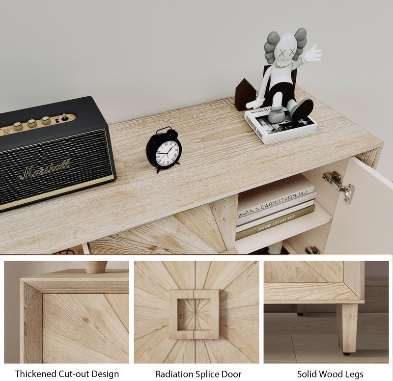 Sideboard Buffet Cabinet, 60" Large Accent Credenza Cabinet with Sunburst 4 Doors & Adjustable Shelf for Living Room, Rustic Brown Kitchen Buffet Table with Storage, TV Stand Media Console