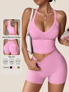 Women's Sporty Backless Set, V-Neck Tank Top & High-Waisted Shorts, Slim-Fit, Breathable, Quick-Dry, Yoga & Running Workout Gear, Bodycon Workout Set