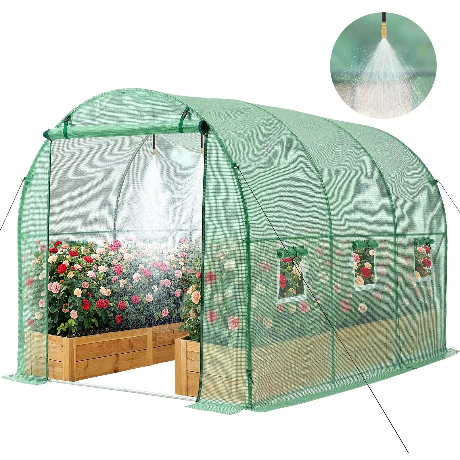 VEVOR Walk-in Tunnel Greenhouse, 10 x 7 x 7 ft Hoop House Greenhouse Tunnel, Plant Hot House with 4 Nozzles, 26.25 ft Hose, Steel Frame, PE Cover, Roll-up Zipper Door and 6 Windows for Outdoors, Gree