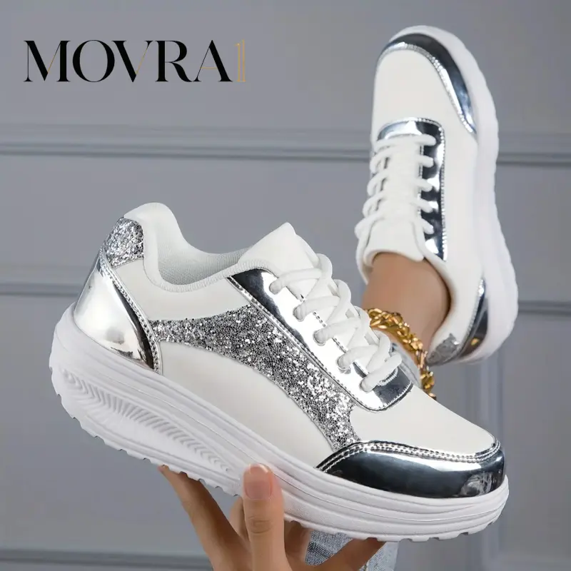 MOVRA1 Women's Stylish Sporty Trainers, Lace Up Platform Soft Sole Sequins Glitter Shoes, Low-top Wedge Daily Sneakers Walking Shoes Girl
