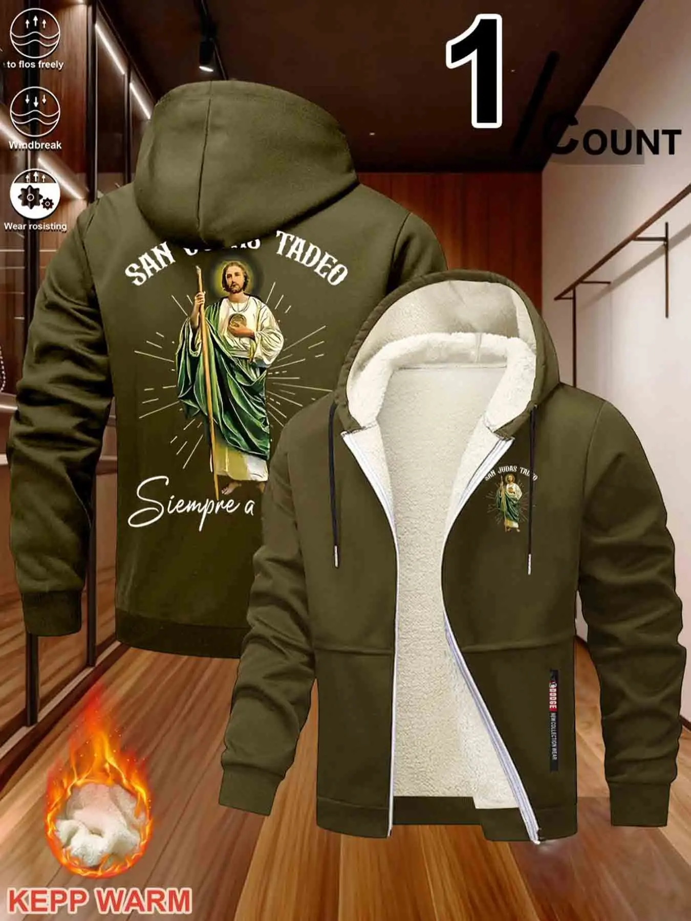 St. Jude Thaddeus Print Fleece Hooded Jacket, Winter Warm Windproof Skin-Friendly Thick Sweatshirt, Religious Sweatshirt Gift, Long Sleeve Casual H-Type Cartoon Pattern, Heavyweight Fleece Hoodie