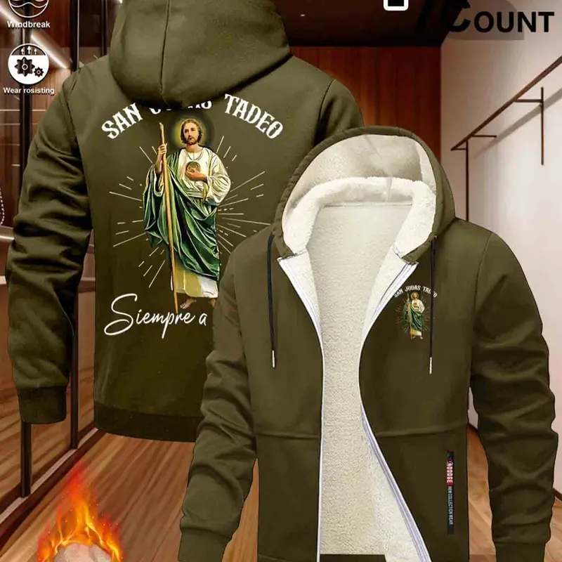 St. Jude Thaddeus Print Fleece Hooded Jacket, Winter Warm Windproof Skin-Friendly Thick Sweatshirt, Long Sleeve Casual H-Type Cartoon Pattern, Cartoon Print Hoodie