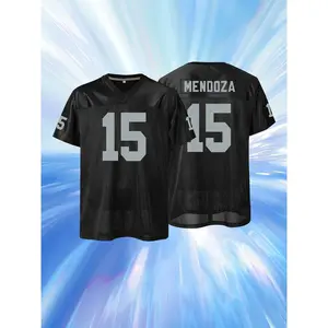 Men's#15 Mendoza Football Jersey, Black Grey Mesh Breathable V-Neck Stitched Jersey for Fans, Sports Clothing