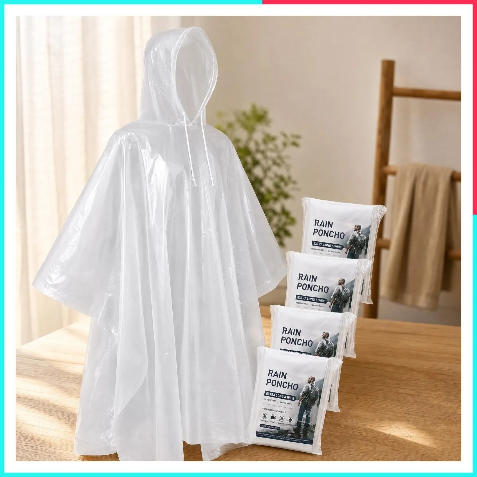 Disposable Rain Ponchos for Adults, Extra Long & Thickened with Drawstring Hood, 5 Pack