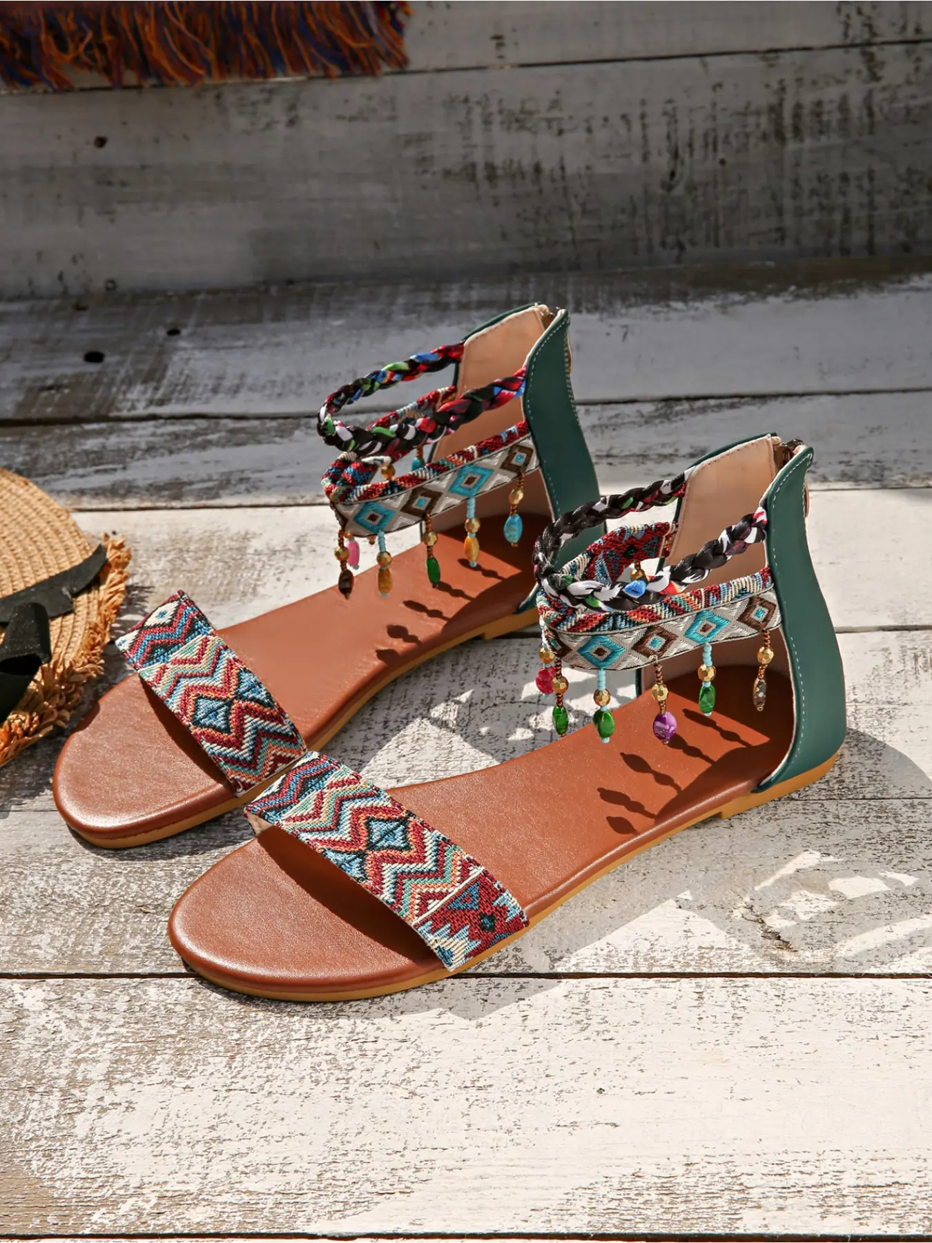 Boho Ethnic Beaded Tassel Flat Sandals For Women, Vintage Woven Strap Back Zipper Open Toe Ankle Sandals, Casual Beach Vacation Shoes