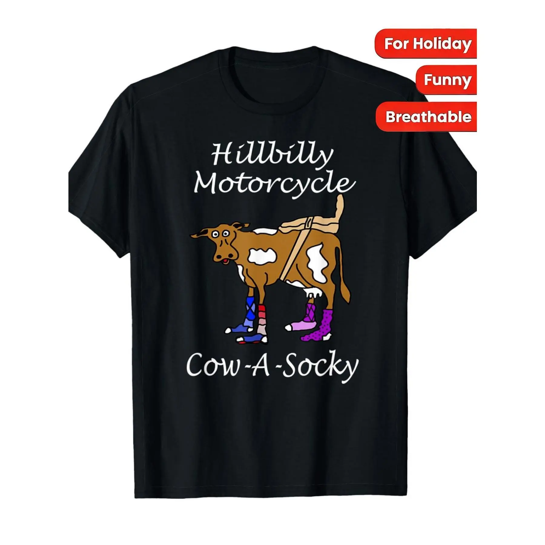 Hillbilly Motorcycle Cow A Socky Funny Cow Graphic T shirt Casual Short Sleeve Tee For Country Humor Fans