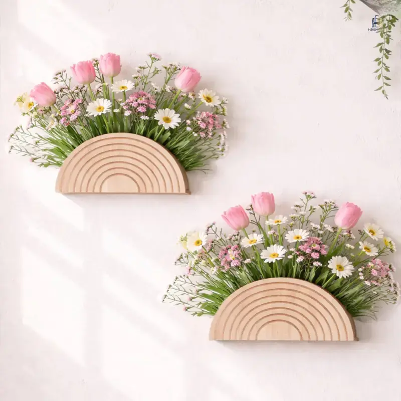 Wood Wall Mount Planter Shelf, Trending Half Moon Flower Vase Holder, Geometric Semicircle Wooden Wall Decor, DIY Floral Arrangement Display Rack, Handmade Lightweight Craft Ornament for Home Decor Indoor Wall Art Gift