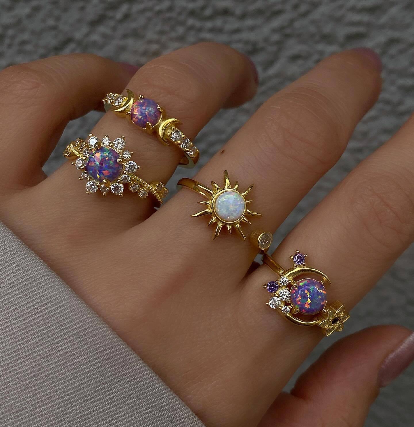 Women's Sun & Moon Gemstone Ring Set Trendy Geometric Stackable Jewelry with Sparkling Crystal Accents for Daily Wear and Parties