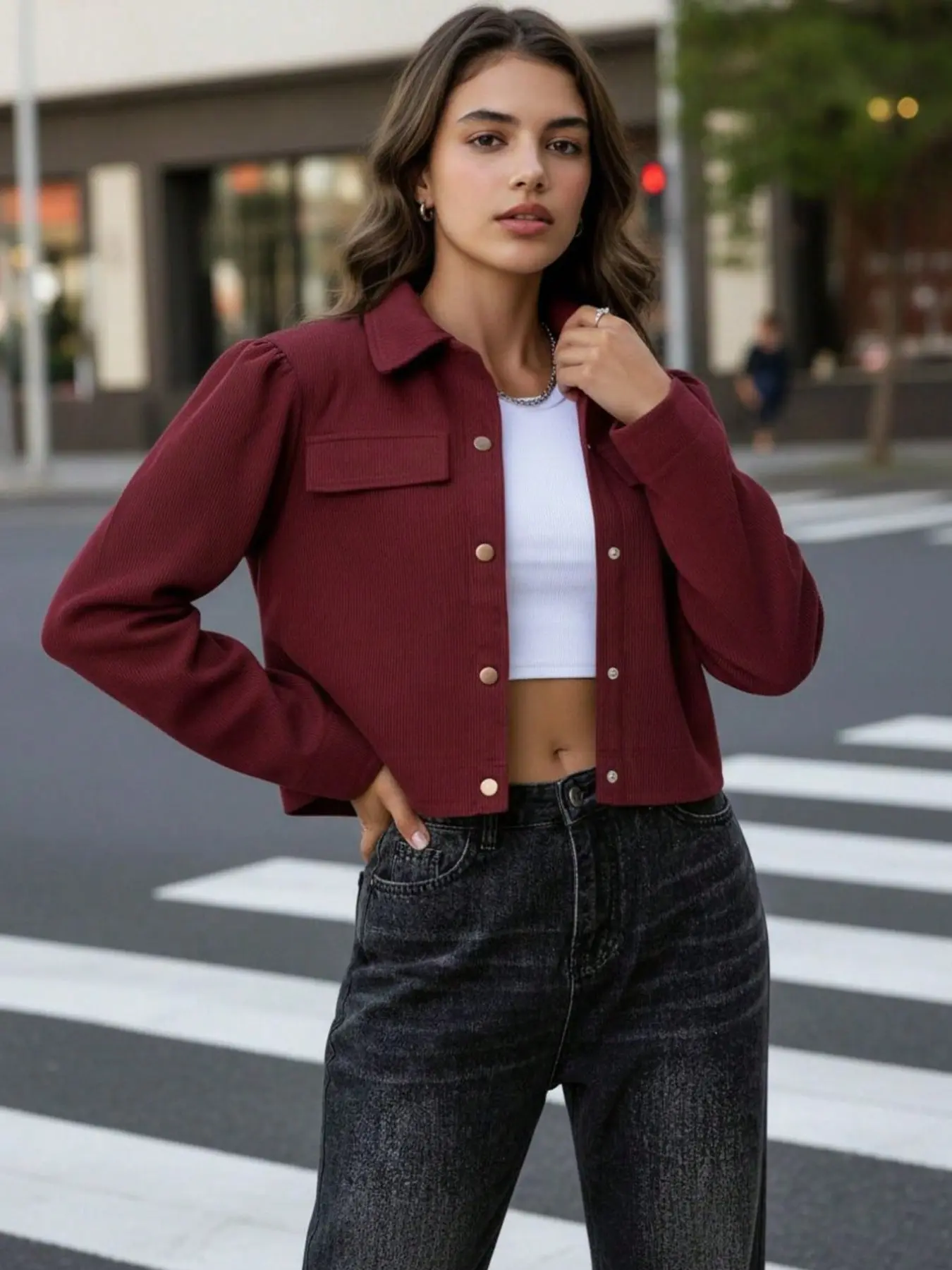 Women's Wine Textured Pocket Lapel Short Button Long Sleeve Jacket, Soft Comfortable Casual Blazer, Vintage Street Fashion, High Waist Slim Fit