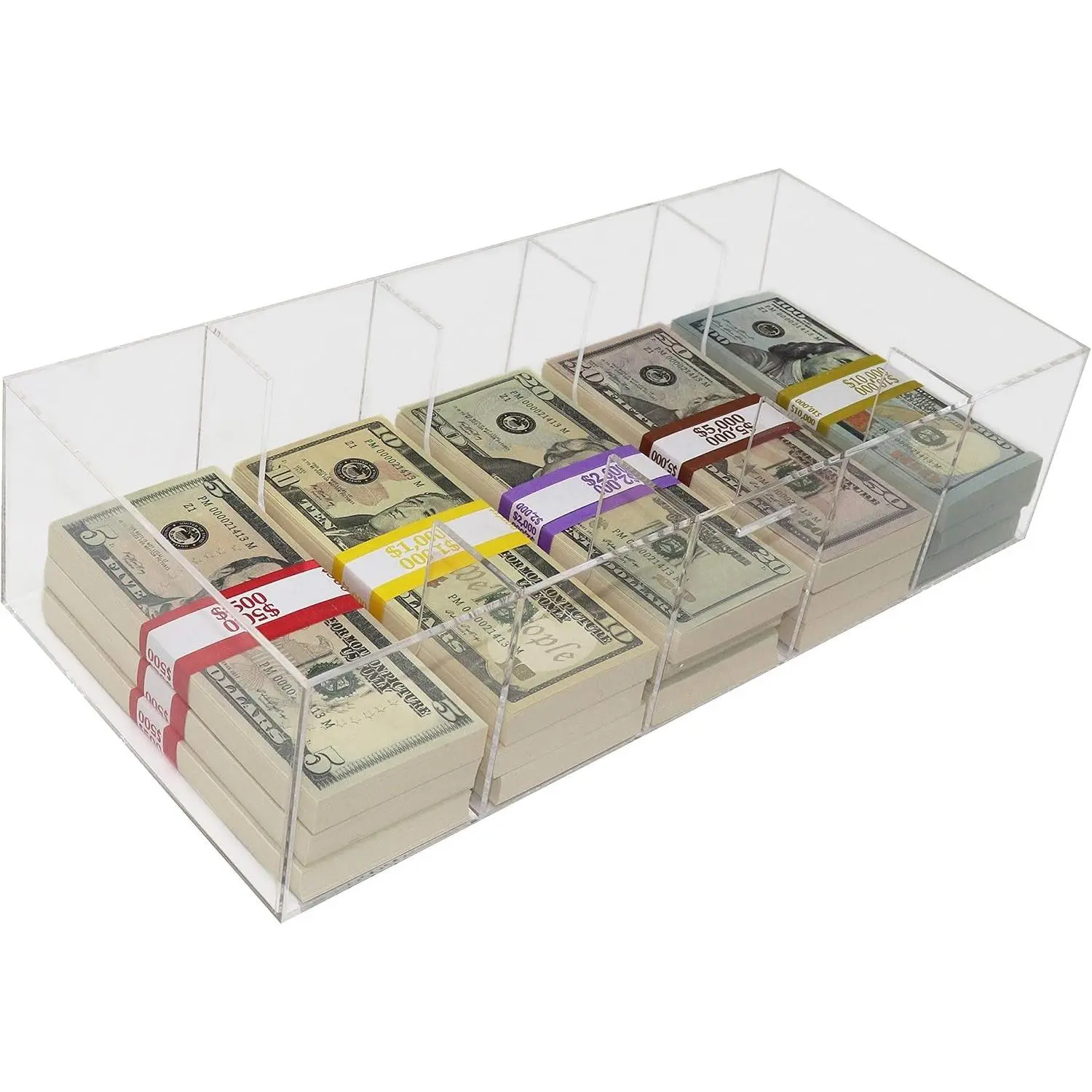 Clear 5 Compartment Currency Tray Cash Organizer Money Storage Box with 300 Currency Wrappers Included