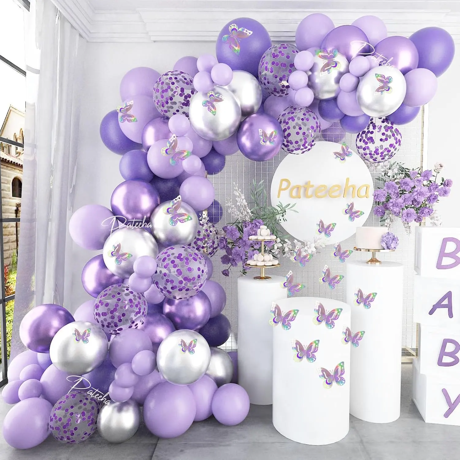 Purple Balloon Arch Kit 140Pcs Lavender Balloons Garland Kit Butterfly Baby Shower Decorations Metallic Silver Lilac Balloons 12Pcs Butterfly Stickers for Birthday Decorations