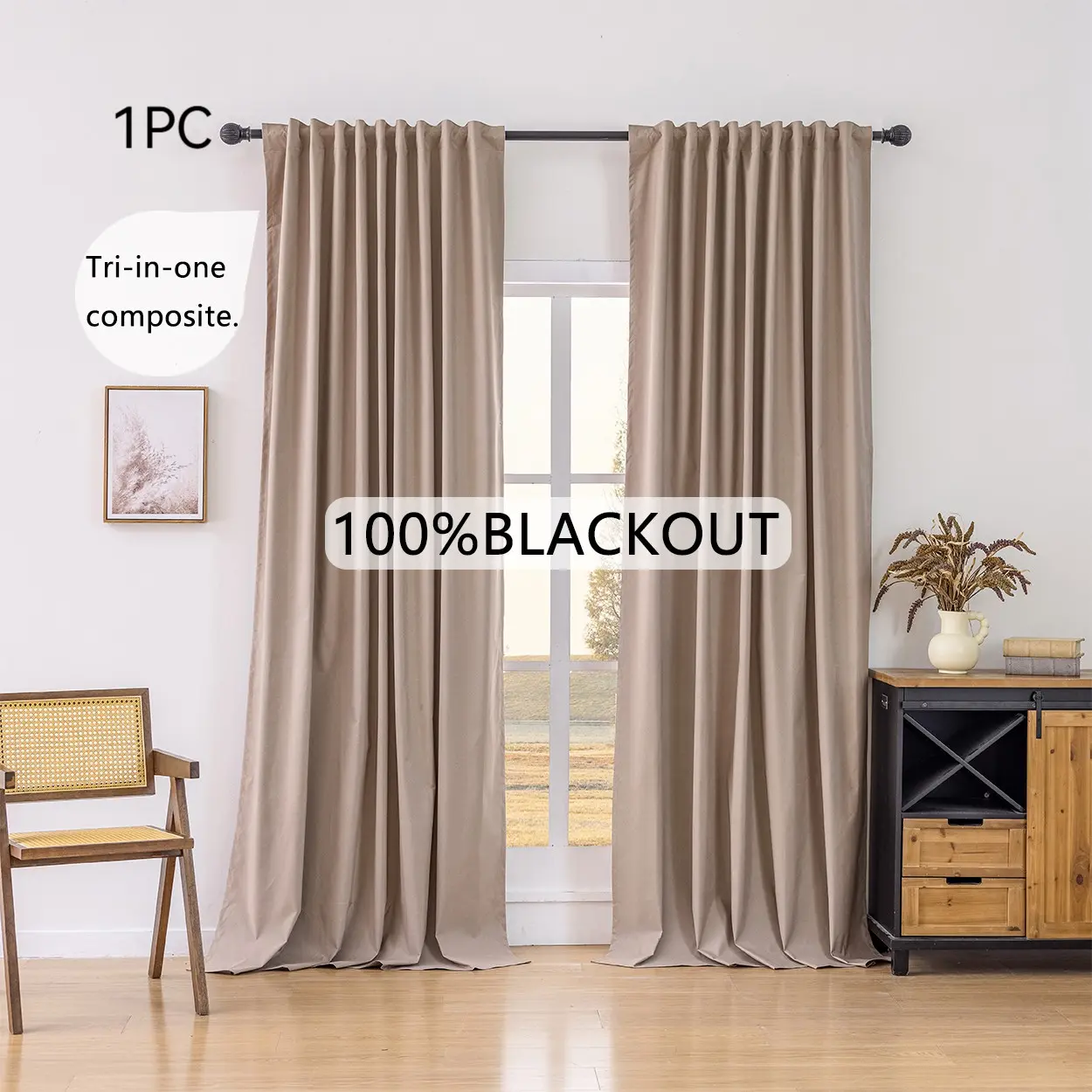 1pc multi-functional universal track rod, fully light-blocking three-in-one composite 100% blackout curtain, suitable for living room, bedroom, study, with multiple sizes available, maximum size 300cm