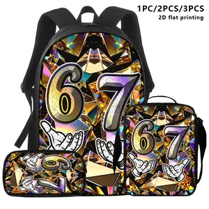 1pc/2pcs/3pcs Backpack, Shoulder Bag, And Pouch with Holographic Geometric Background, '67' Numerals And Hand Gestures Via Ing; Ideal for Stylish Adults in Daily Commute, Travel, Or Work/Study
