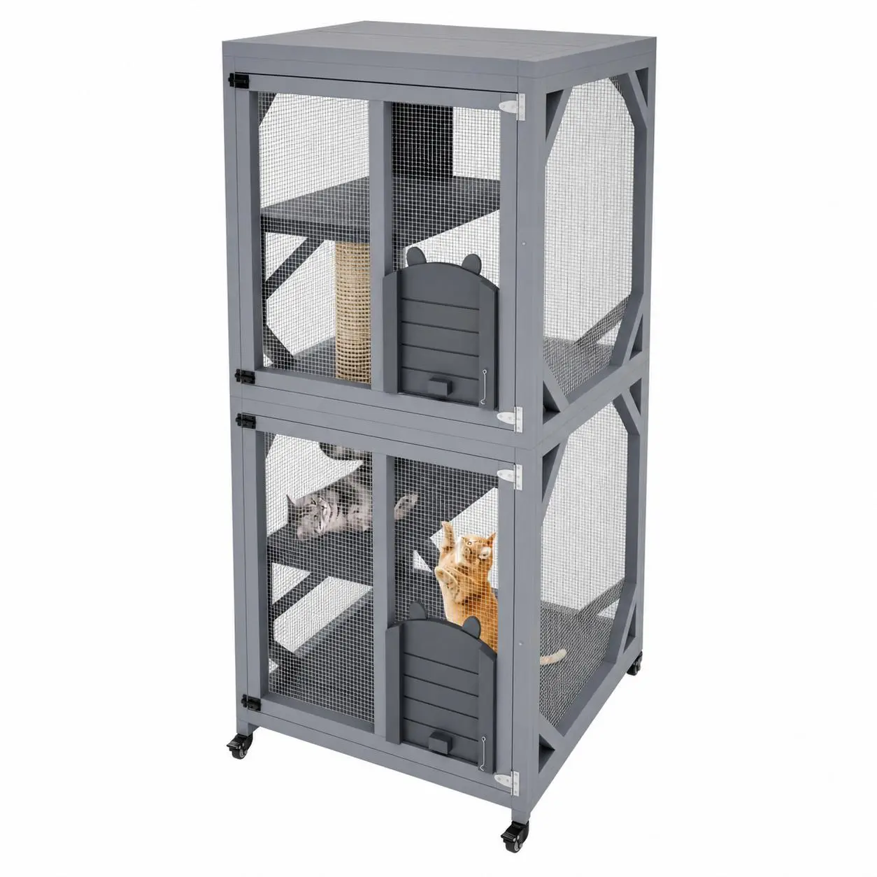 Outdoor Cat Enclosure On Wheels, 68'' Window Catio Kitty House with Weatherproof Roof, 4 Platforms, Resting Box and Scratch Post, Portable Cat Playpen Feral Cats Shelter