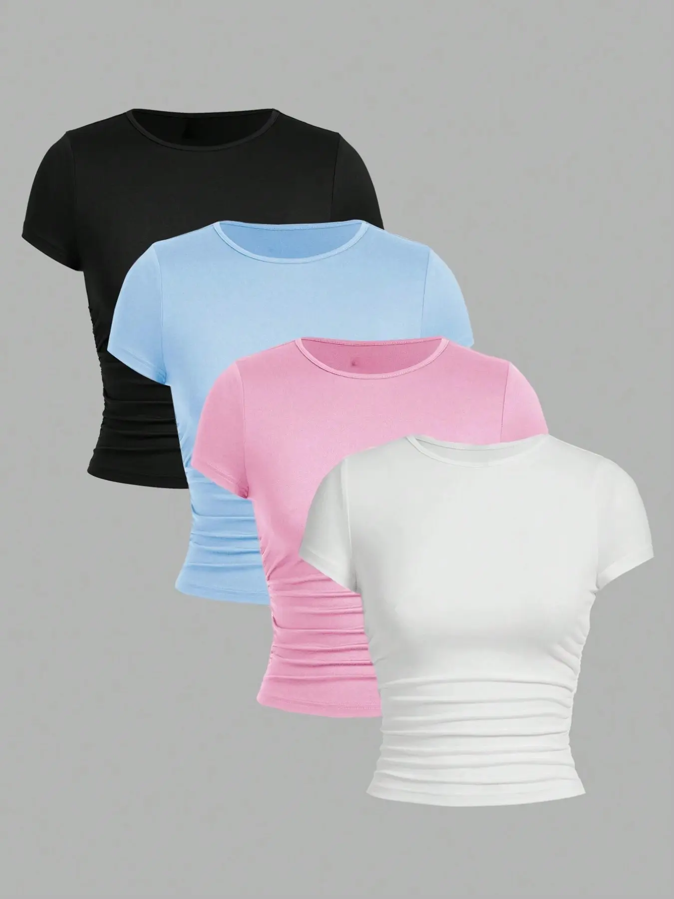 4-Pack Women's Spring Summer Solid Color Casual Plain Top Basic Y2K Short Fitted T-Shirts, Multi-Functional Short Sleeve Round Neck T-Shirts, Back-To-School T-Shirts, Basic Tee Shirts